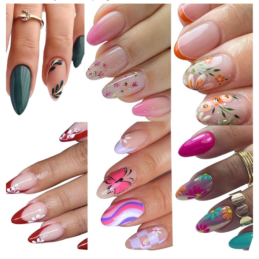 6 Packs (144 Pcs) Flower Press on Nails Medium Almond Fake Nails